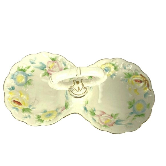 Vintage Double Trinket Tray  Olive Bowl Handle Porcelain Hand Painted Japan u - Picture 7 of 9